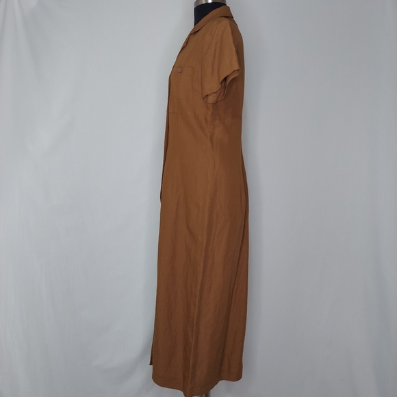 Casual Corner Midi Shirt-Dress Button Pocket Collar Short Sleeve Rust Linen 12 - Picture 4 of 5